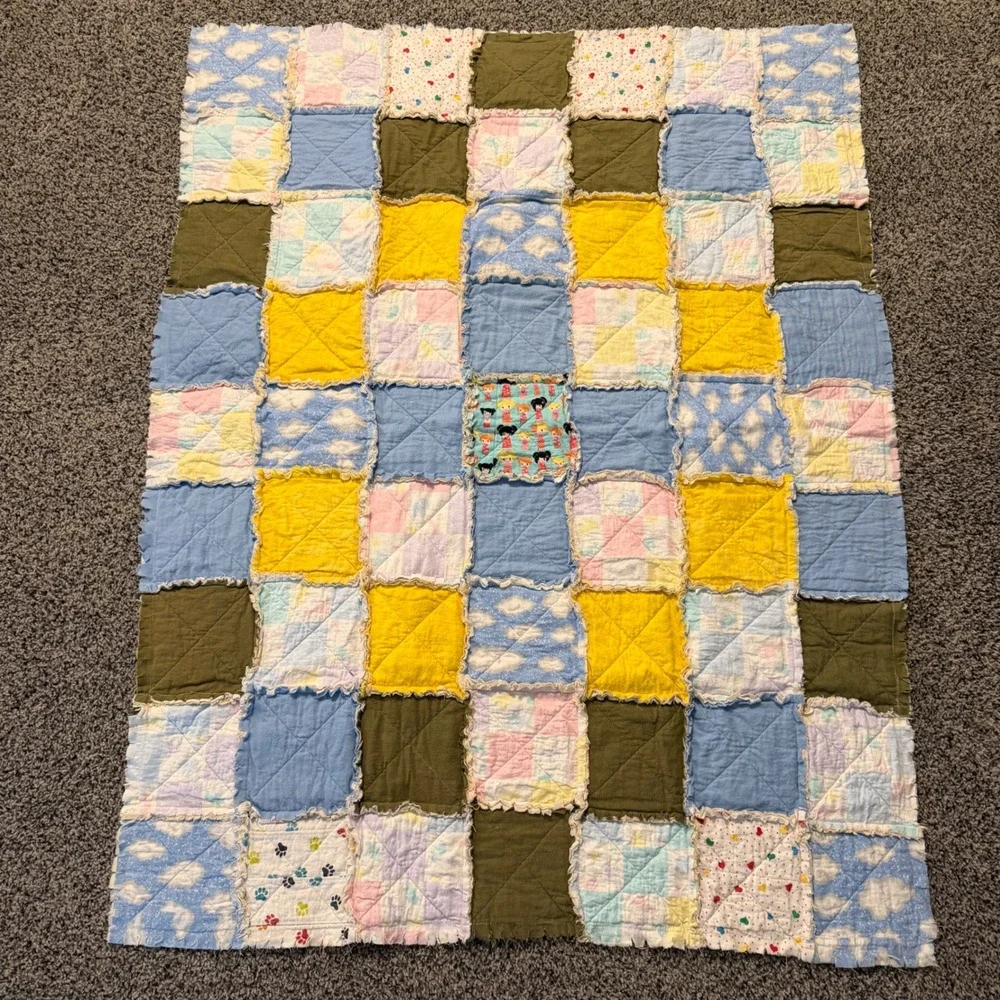 Handmade Patchwork Rag Quilt Blanket Nursery Toddler Blue Yellow Olive 53